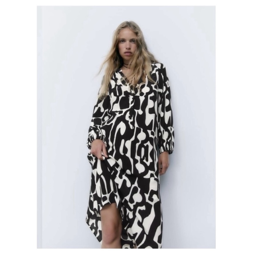 ZARA • Beautiful Abstract Design Black & White Patterned Midi Dress - Picture 1 of 16